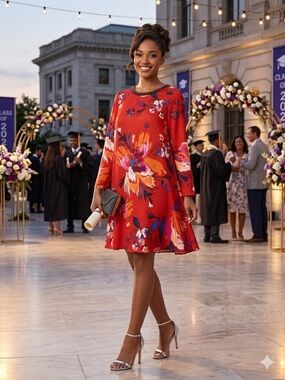 Maeve Red Floral Midi Dress with Beaded Neckline